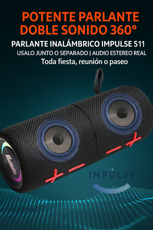 Parlante inalámbrico doble, sonido 360°, diseño portátil, negro con detalles rojos, ideal para fiestas.