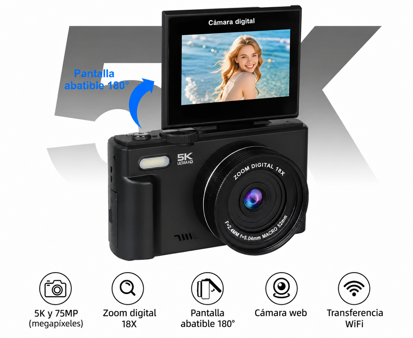 Cámara Digital 5K 75MP con Pantalla Abatible 180°, WiFi y Zoom 18X | Ideal para Vlogs y Creadores de Contenido