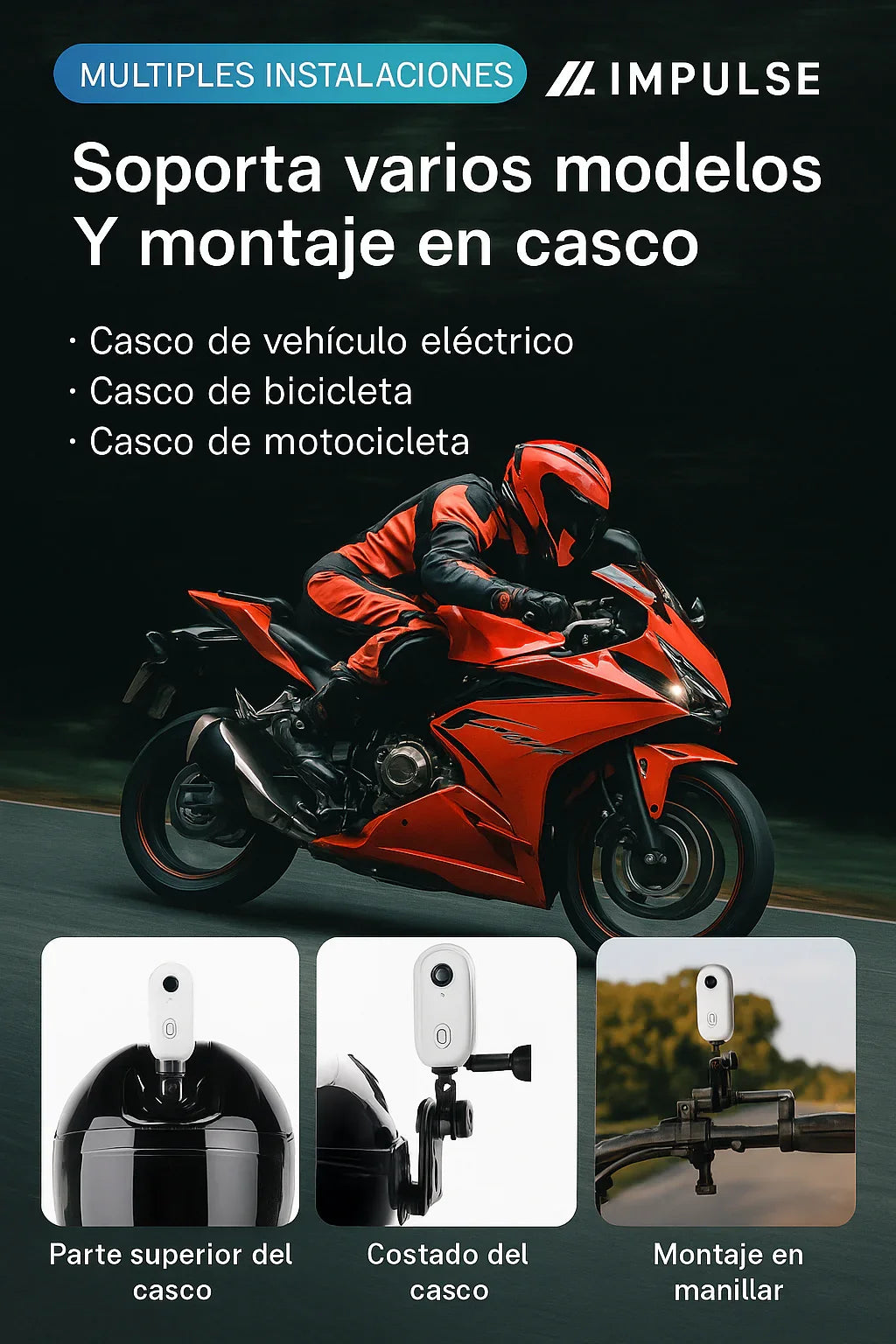 Cámara deportiva para casco instalada en motocicleta, bicicleta y manillar con opciones de montaje.