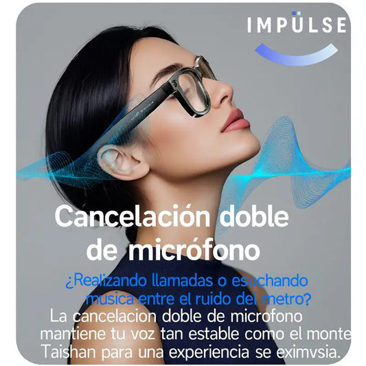 Mujer usando gafas inteligentes con cancelación de ruido y doble micrófono, tecnología moderna.