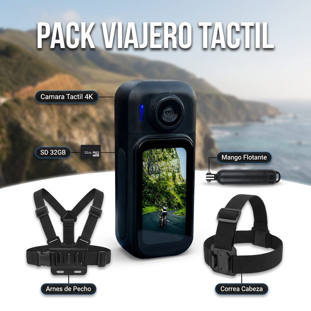 ✈️ Pack Viajero Táctil | Cámara 4K Pantalla Táctil + 3 Montajes (Cabeza, Pecho y Flotante) + Micro SD 32GB