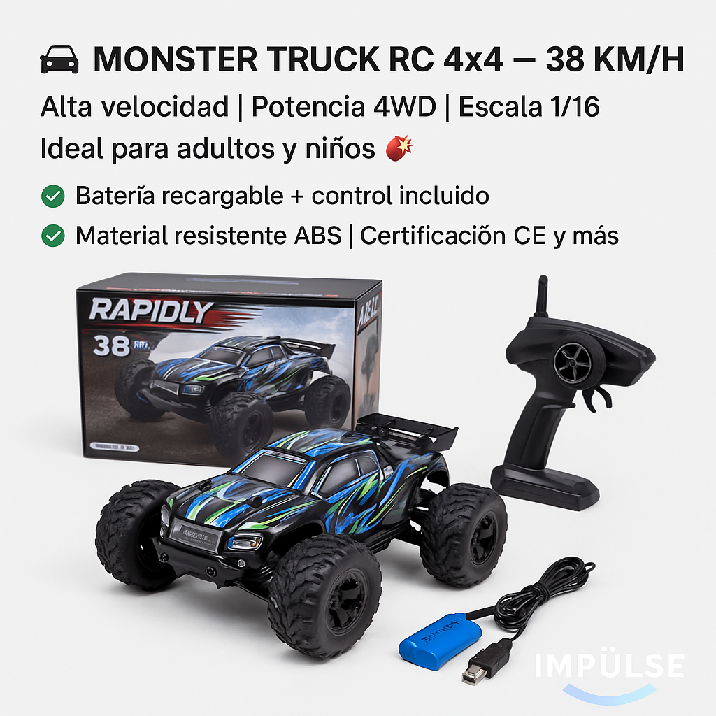Auto RC Monster Truck 4x4 1/16 | Alta Velocidad 38 km/h | Juguete Todoterreno con Control Remoto y Batería Recargable