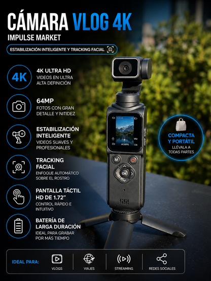 🎥 Cámara Pocket 4K Estabilizada para Vlogs, TikTok y Reels con seguimiento facial y gimbal.