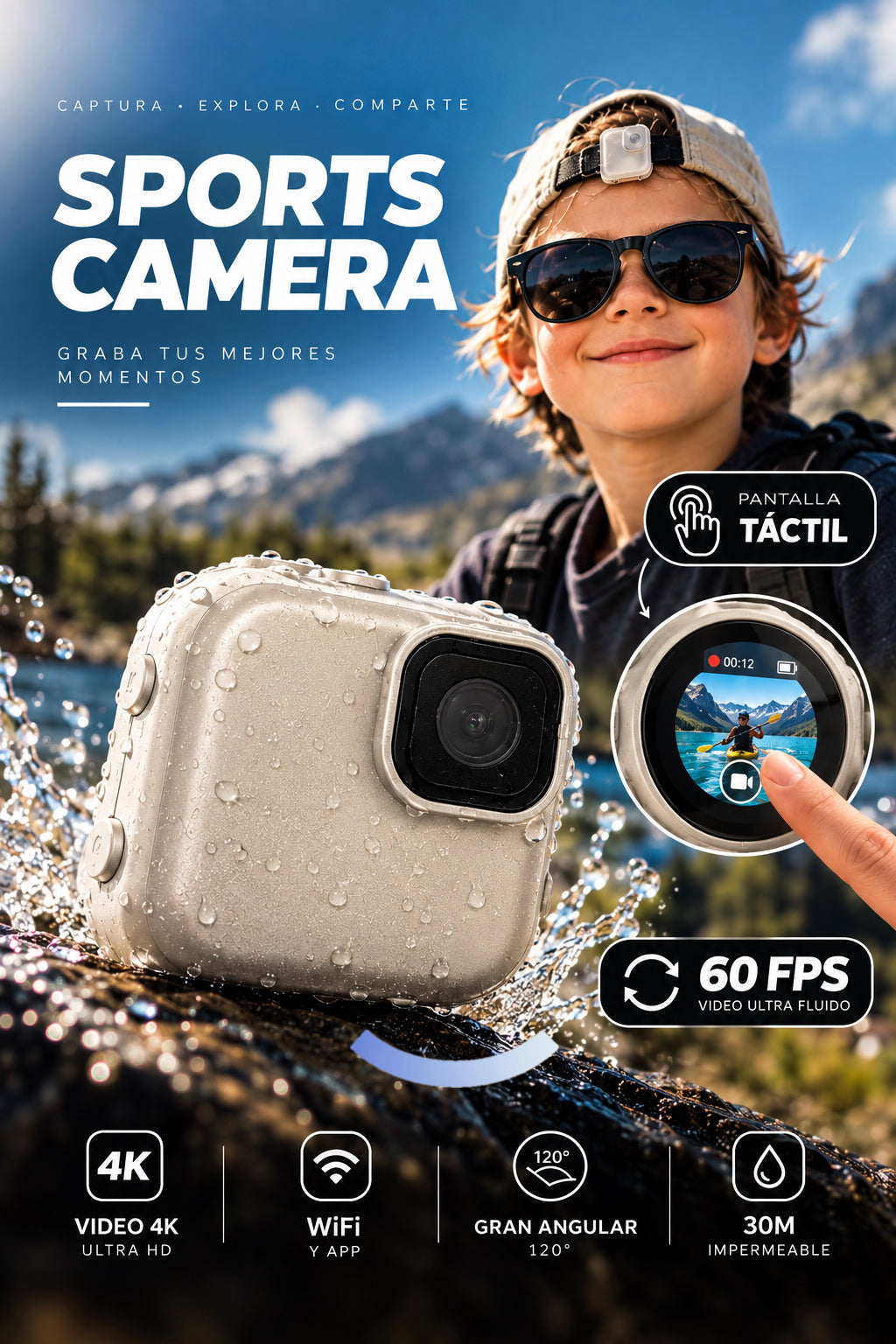 Cámara Deportiva 4K 60fps – Sumergible, WiFi, Estabilizador EIS y Pantalla Táctil