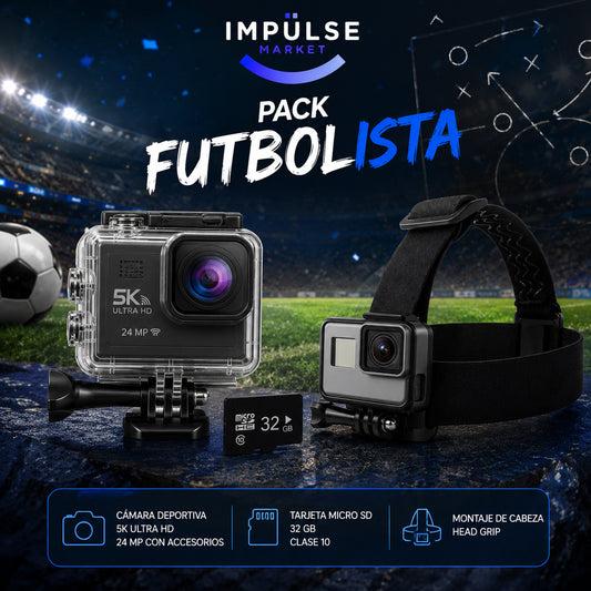 ⚽ Pack Futbolista 5K | Cámara 5K UHD Doble Pantalla + Micro SD 32GB + Correa para Cabeza