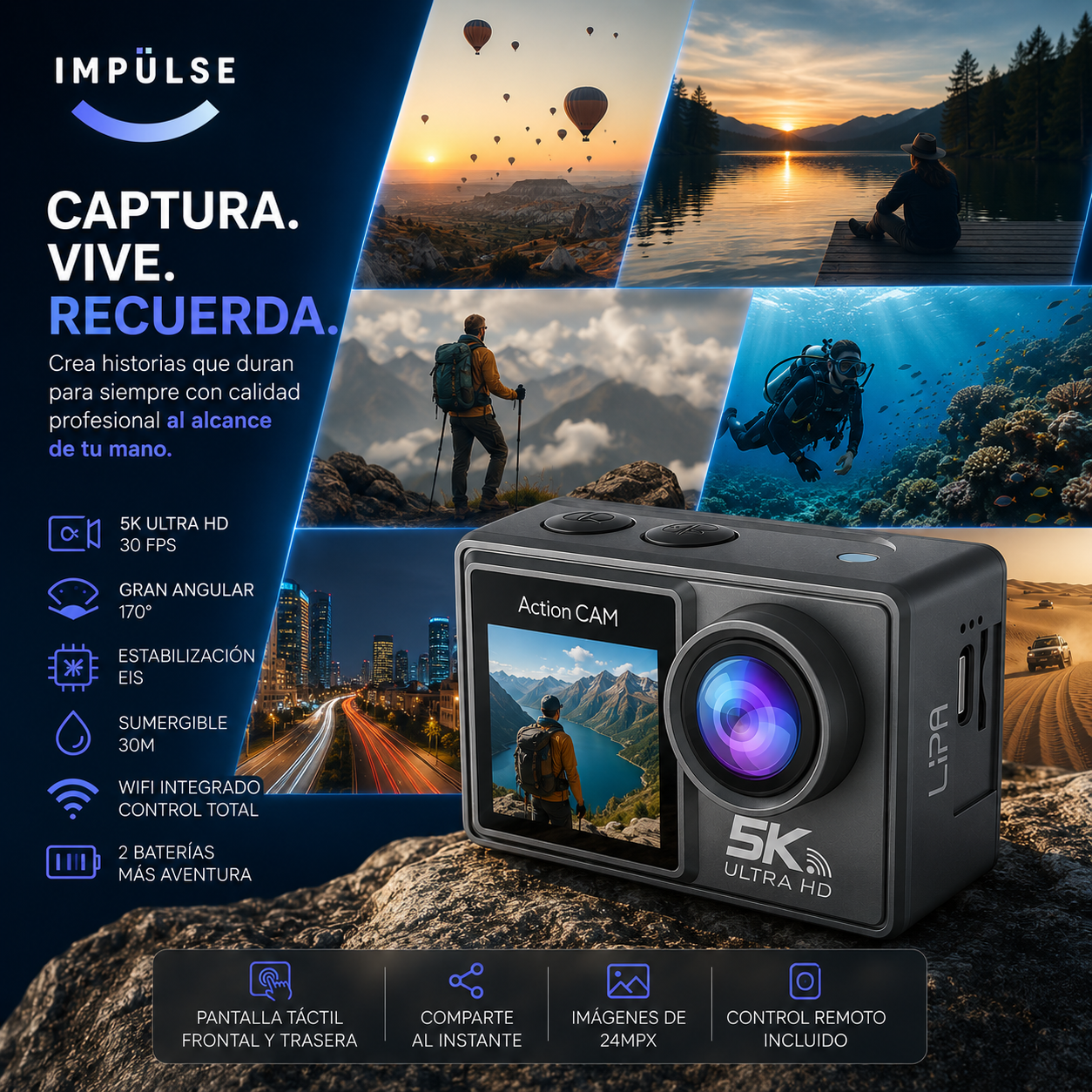 Cámara Acción Deportiva 5k Uhd 30fps 2 Pantallas Wifi 24mpx Gris