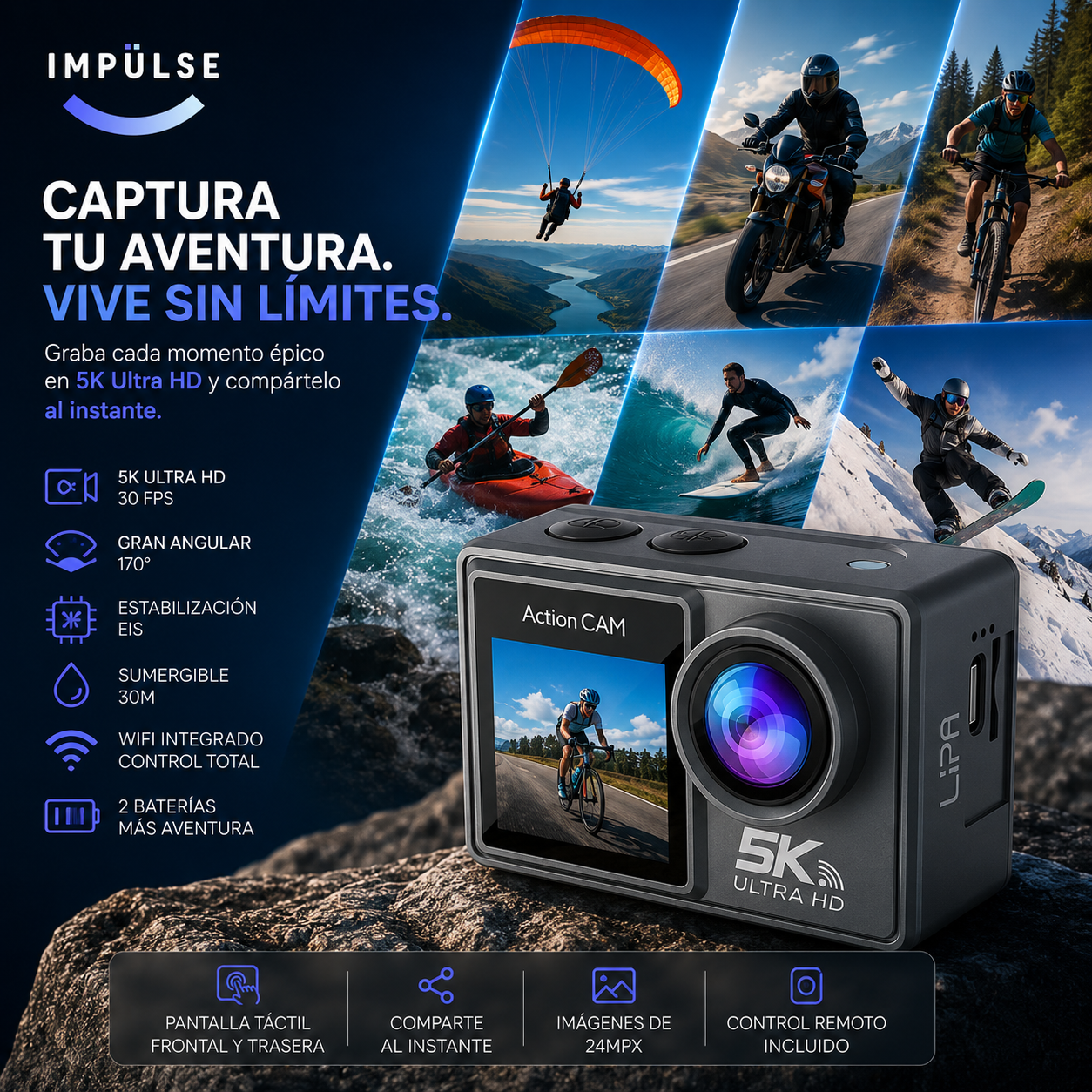 Cámara Acción Deportiva 5k Uhd 30fps 2 Pantallas Wifi 24mpx Gris