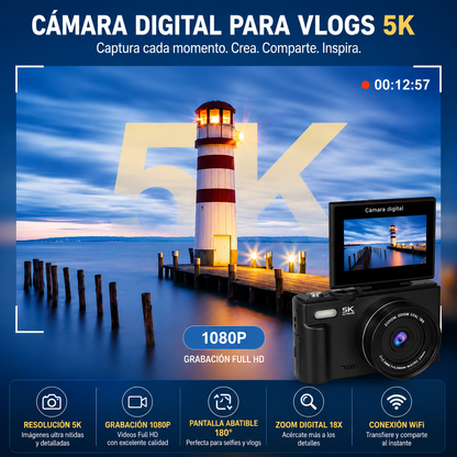 Cámara Digital 5K 75MP con Pantalla Abatible 180°, WiFi y Zoom 18X | Ideal para Vlogs y Creadores de Contenido