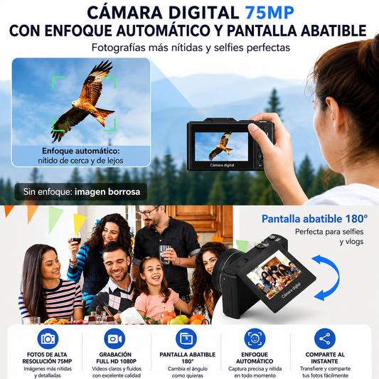Cámara Digital 5K 75MP con Pantalla Abatible 180°, WiFi y Zoom 18X | Ideal para Vlogs y Creadores de Contenido