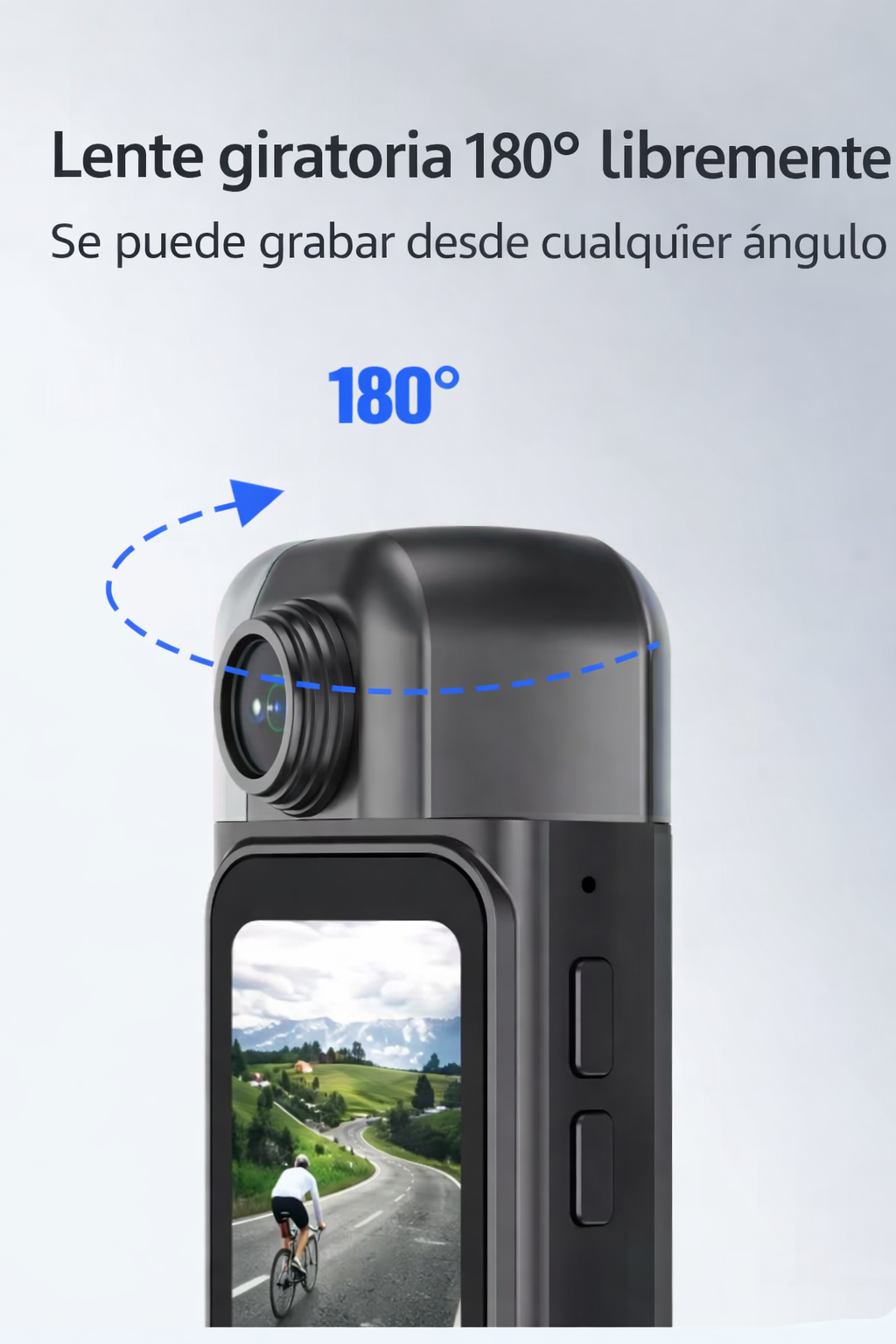 Cámara portátil con lente giratoria 180 grados, pantalla y botones, ideal para grabar videos