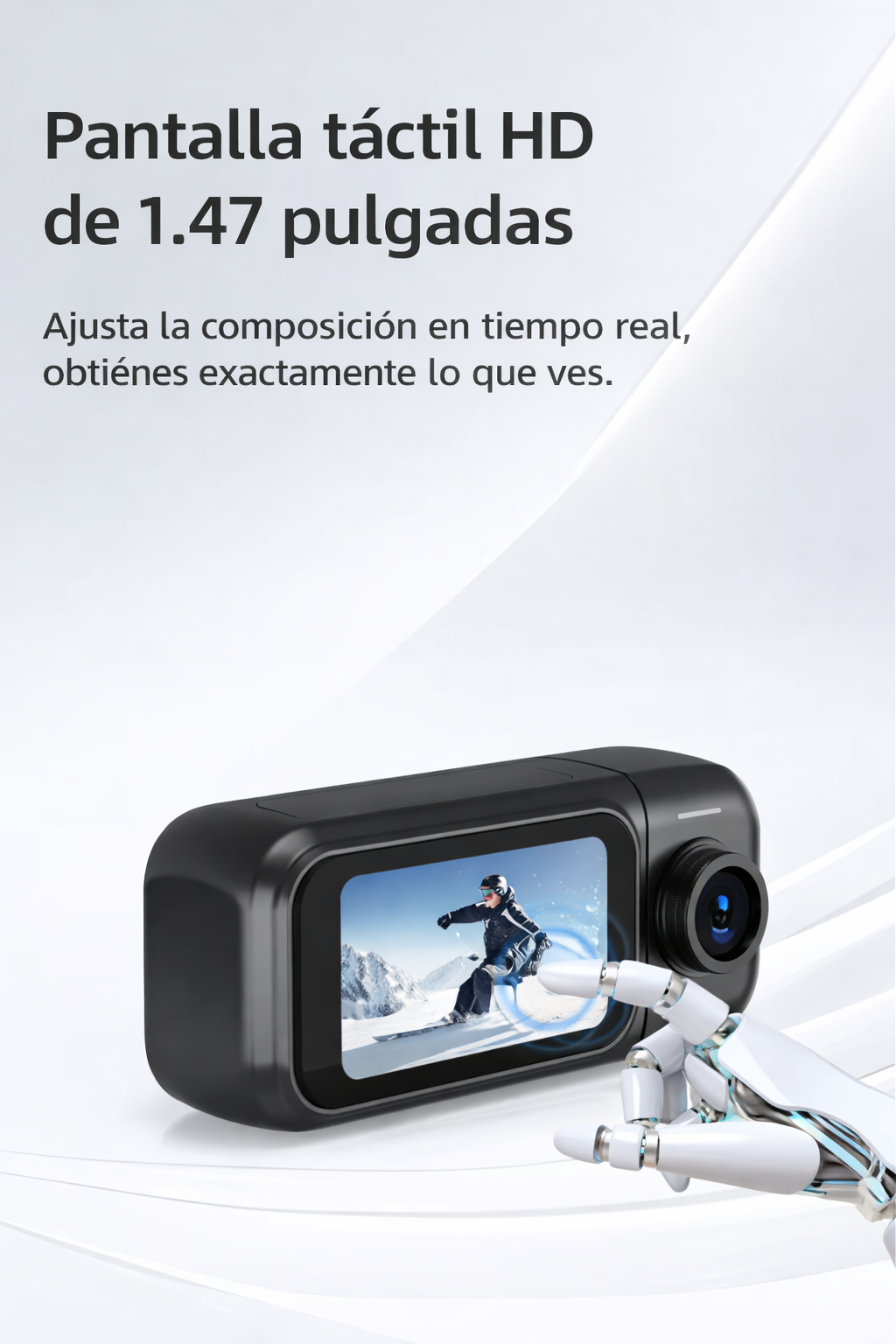 Cámara inteligente con pantalla táctil HD de 1.47 pulgadas, robot interactuando con la pantalla.