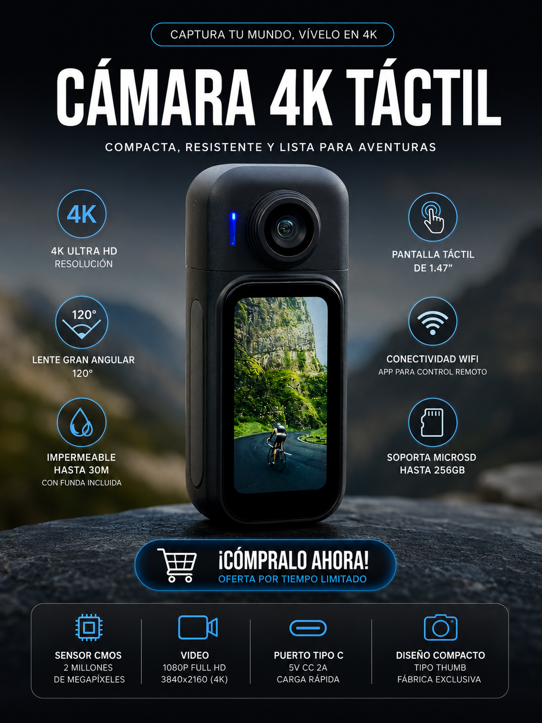 Cámara 4K Táctil Ultra Compacta | Lente Giratorio 180° | Batería larga duración.