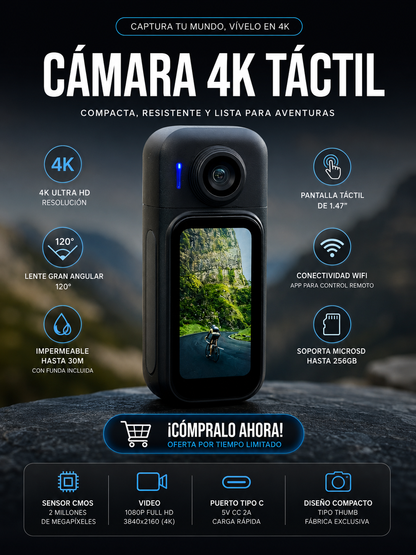 Cámara 4K Táctil Ultra Compacta | Lente Giratorio 180° | Batería larga duración.