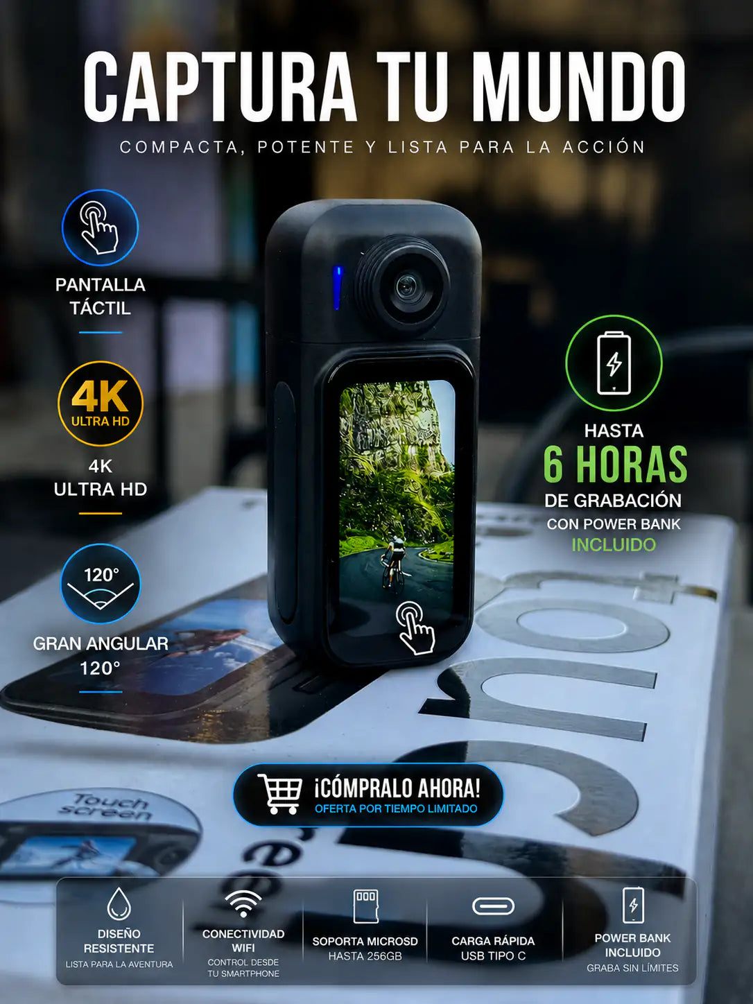 Cámara 4K Táctil Ultra Compacta | Lente Giratorio 180° | Batería larga duración.