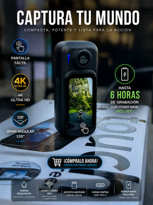 Cámara 4K táctil compacta Impulse Market con pantalla táctil, lente gran angular 120° y hasta 6 horas de batería con power bank incluido