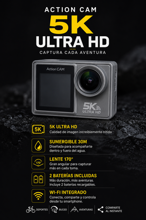 Cámara Acción Deportiva 5k Uhd 30fps 2 Pantallas Wifi 24mpx Gris