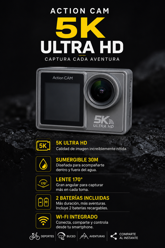 Cámara Acción Deportiva 5k Uhd 30fps 2 Pantallas Wifi 24mpx Gris