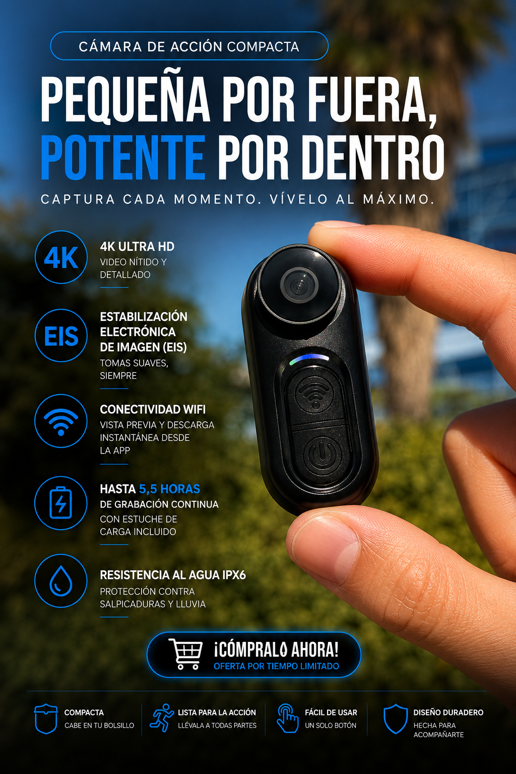 Cámara Mini 4K con Estabilizador EIS, WiFi | IPX6 Impermeable y 5,5 hrs de autonomía.