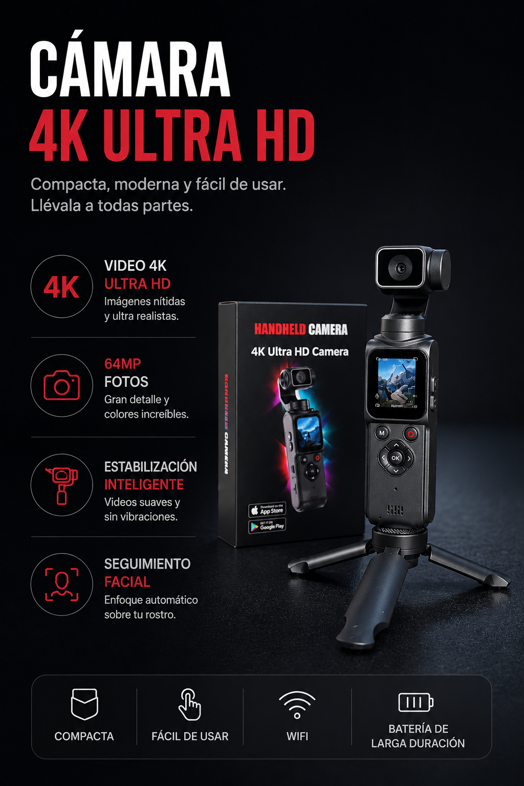 🎥 Cámara Pocket 4K Estabilizada para Vlogs, TikTok y Reels con seguimiento facial y gimbal.