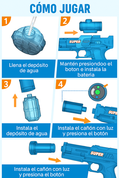 Pistola de Agua Eléctrica con Luces LED – Recargable, Potente y Segura para Niños