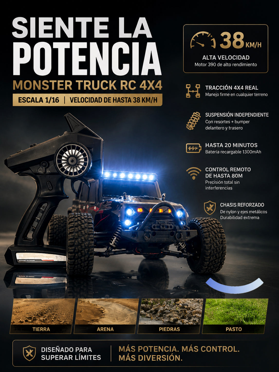 Auto RC Monster Truck 4x4 1/16 | Alta Velocidad 38 km/h | Juguete Todoterreno con Control Remoto y Batería Recargable