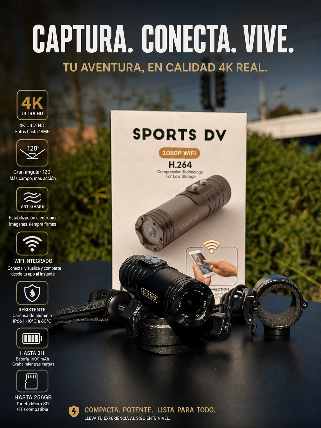 Cámara Deportiva Metálica WiFi 1080P | Resistente, Compacta y Waterproof