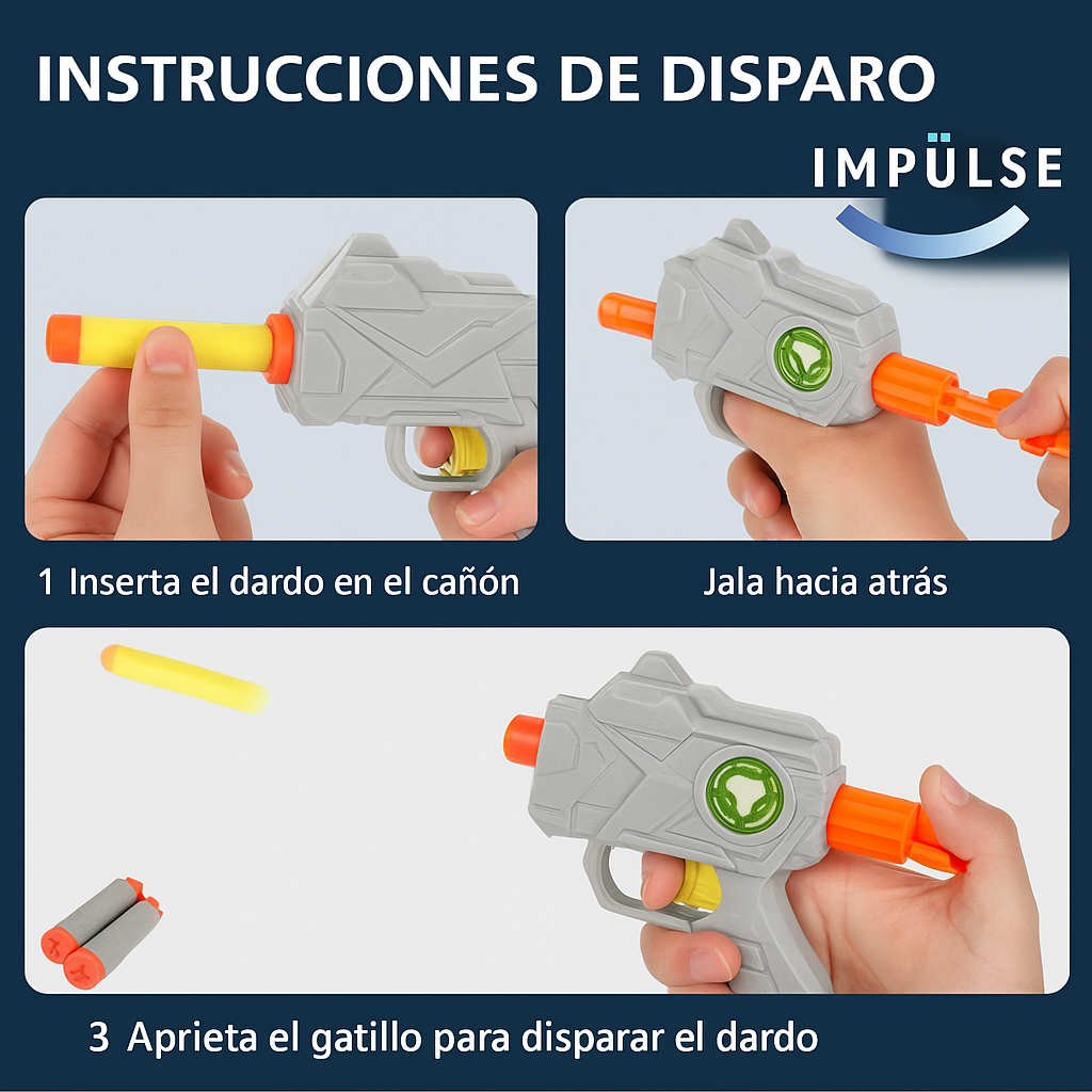 Instrucciones de uso para pistola de dardos del juego de tiro Impulse Market - insertar dardo, cargar y disparar
