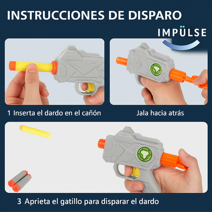 Instrucciones de uso para pistola de dardos del juego de tiro Impulse Market - insertar dardo, cargar y disparar
