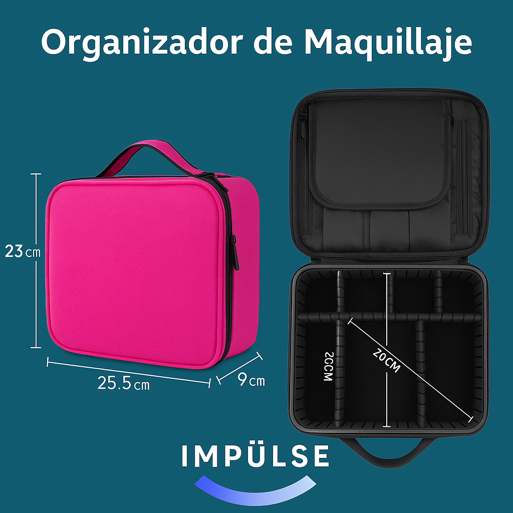 Estuche organizador de maquillaje rosa de 25.5x23x9cm con divisores ajustables - Impulse