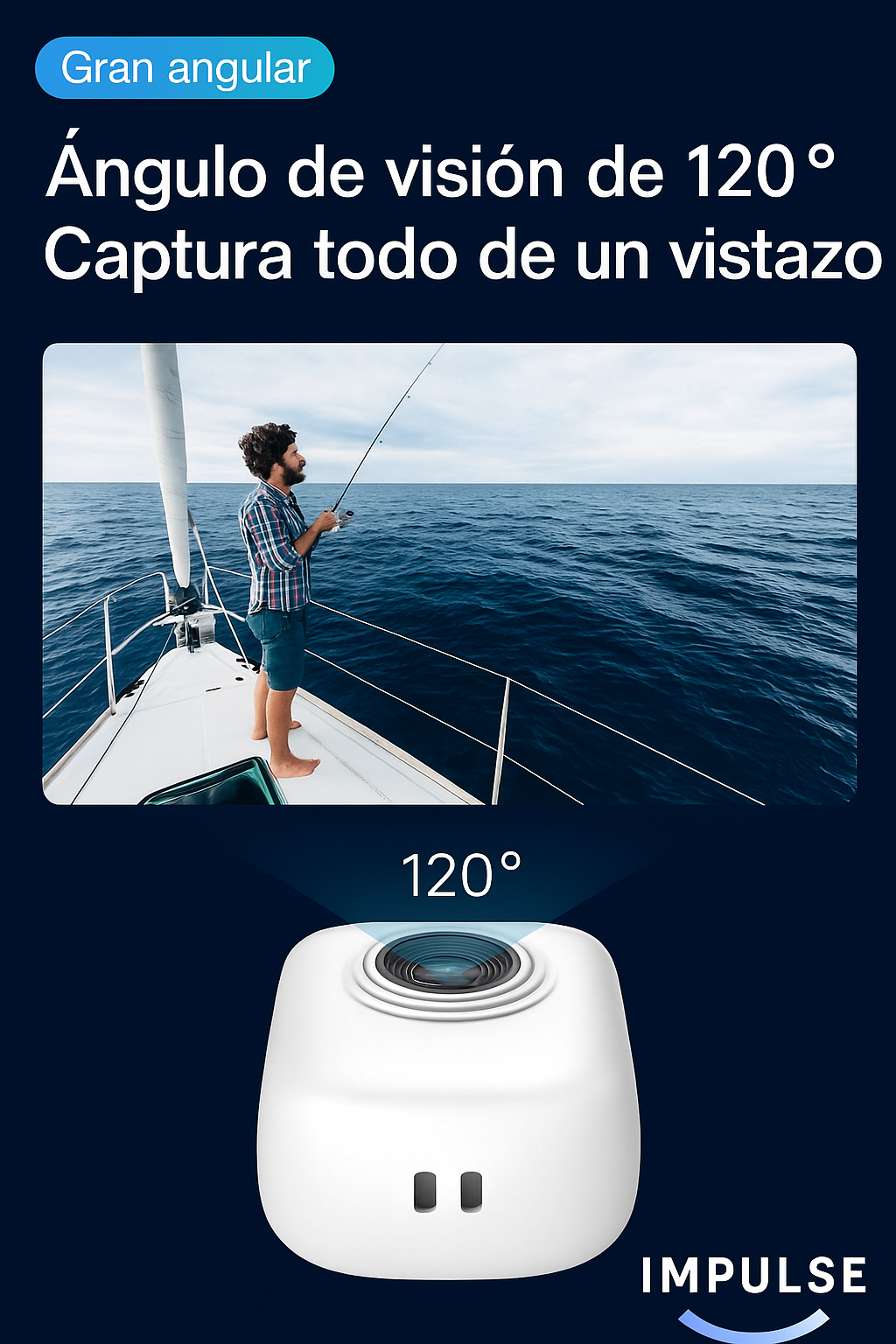 Mini cámara deportiva con lente gran angular de 120°, captura amplios paisajes en actividades como pesca y navegación