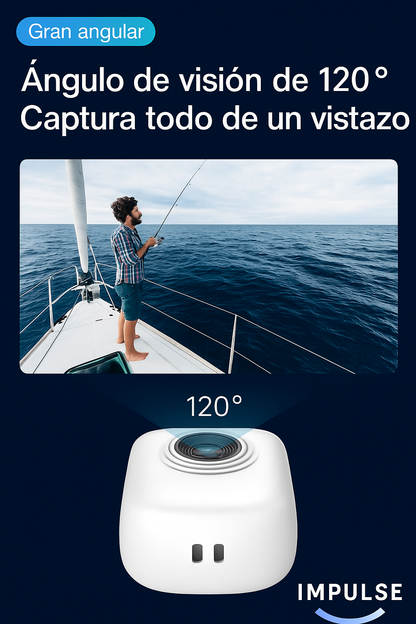 Mini cámara deportiva con lente gran angular de 120°, captura amplios paisajes en actividades como pesca y navegación
