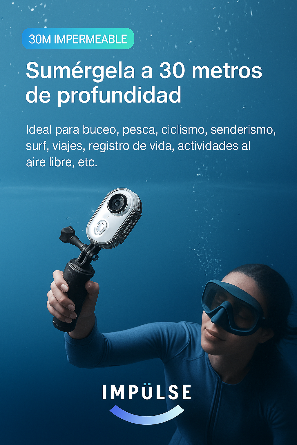 Cámara Impulse con resolución 4K UHD, ofrece grabación nítida sin arrastre ni parpadeo, ideal para deportes en movimiento.