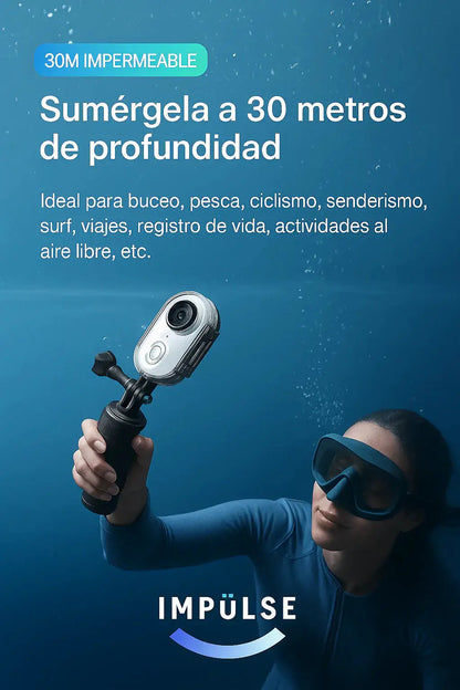 Cámara de acción impermeable sumergible hasta 30 metros, ideal para buceo y actividades acuáticas.