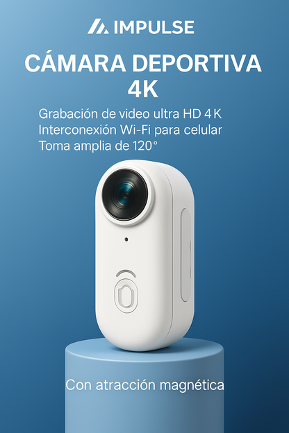 Cámara deportiva Impulse con cordón magnético incluido, cómoda para llevar colgada y grabar desde el pecho.
