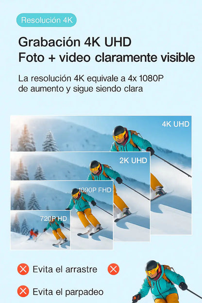 Comparación de resoluciones 4K, 2K, 1080P y 720P con esquiador en la nieve, calidad alta de video