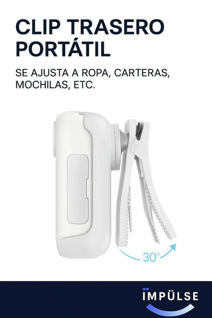 Clip trasero portátil ajustable de cámara deportiva blanca, ideal para ropa o mochila