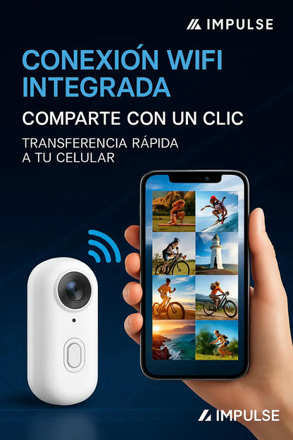 Cámara deportiva resistente al agua con WiFi y transferencia rápida al celular, junto a un teléfono móvil mostrando fotos de deportes al aire libre.