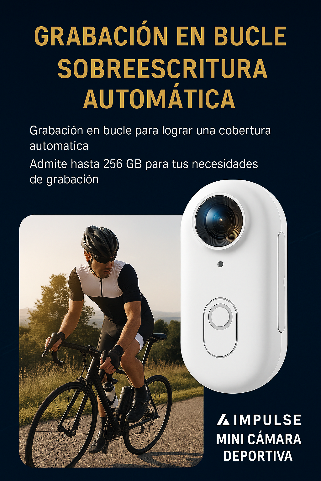 Mini cámara Impulse con grabación en bucle automática, ideal para deportes, admite hasta 256 GB de memoria.

