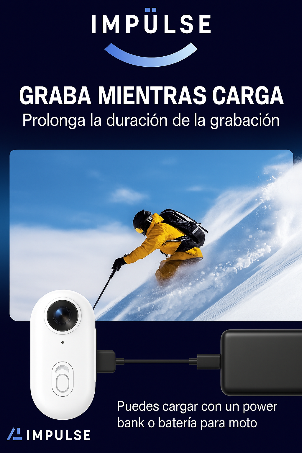 Cámara Impulse con batería de alta capacidad, permite grabar mientras se carga para una duración extendida.