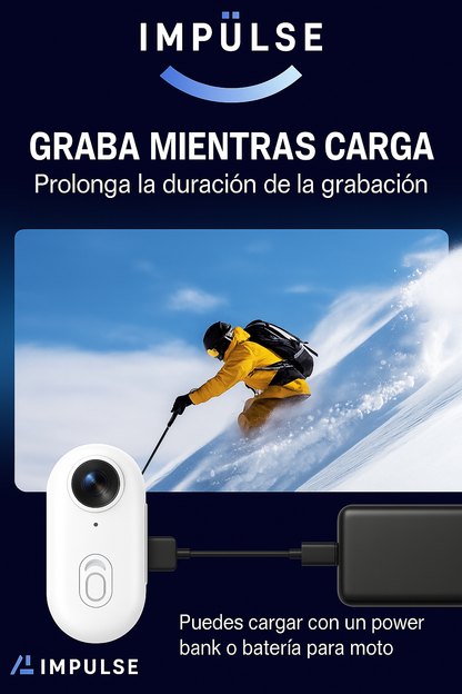 Cámara Impulse con batería de alta capacidad, permite grabar mientras se carga para una duración extendida.