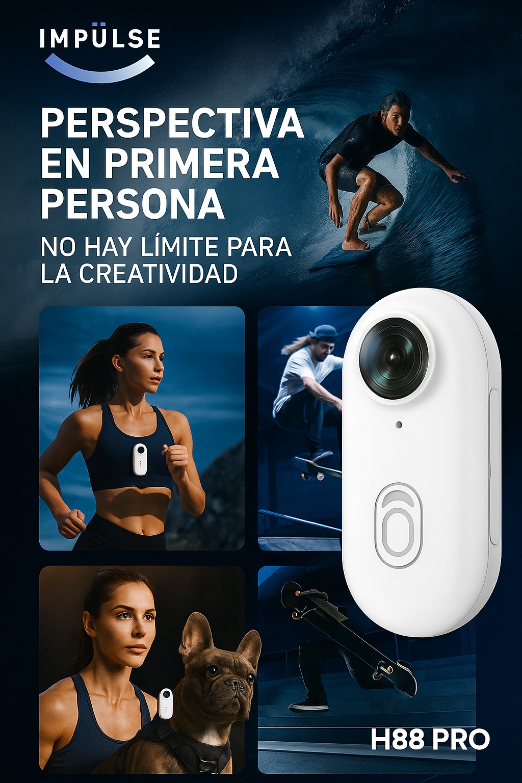 Funciones de la cámara H88 Pro: grabación 4K, WiFi, manos libres, resistente al agua 30m, ángulo de 120°, carga durante grabación y más.