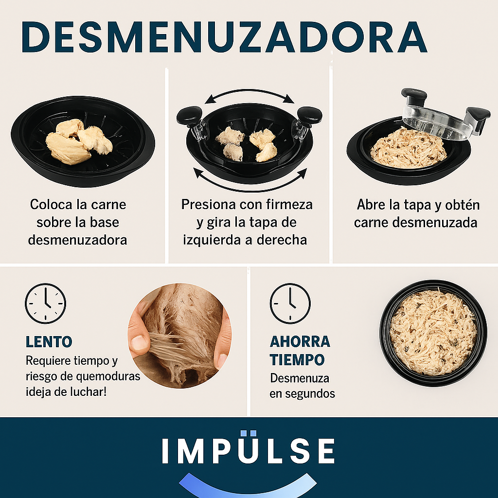 Pasos para desmenuzar carne fácilmente con el desmenuzador de pollo Impulse sin quemaduras