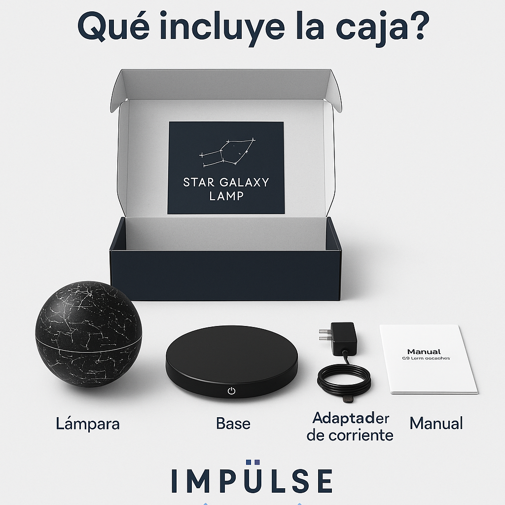 Contenido de la caja de la lámpara flotante con diseño galáctico: esfera estrellada, base magnética, adaptador y manual.