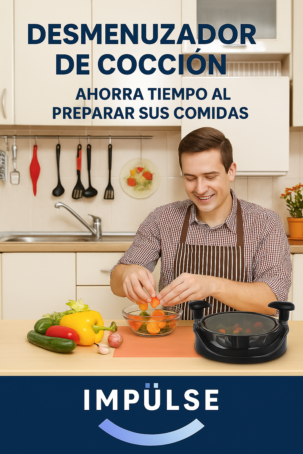 Hombre feliz usando desmenuzador de cocción Impulse en cocina moderna para preparar verduras