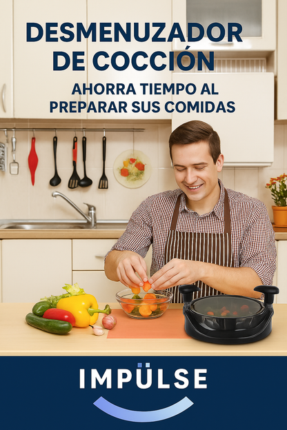 Hombre feliz usando desmenuzador de cocción Impulse en cocina moderna para preparar verduras