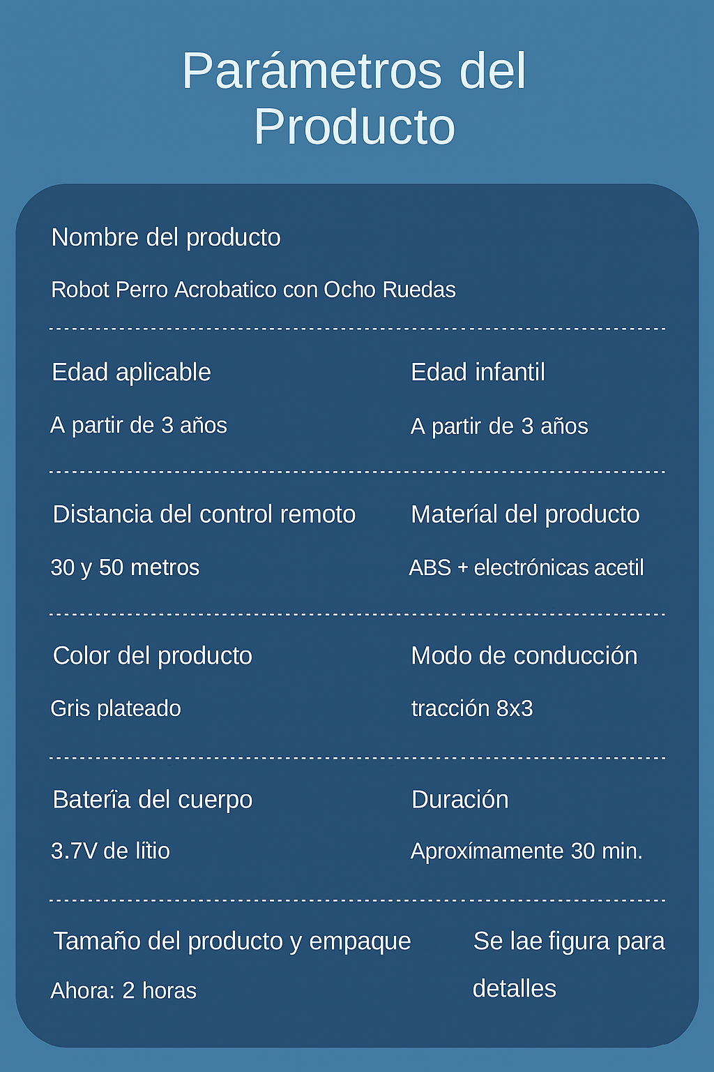 Especificaciones del robot acrobático con 8 ruedas: distancia de control 50 m, batería de litio, tracción 8x3, desde 3 años.