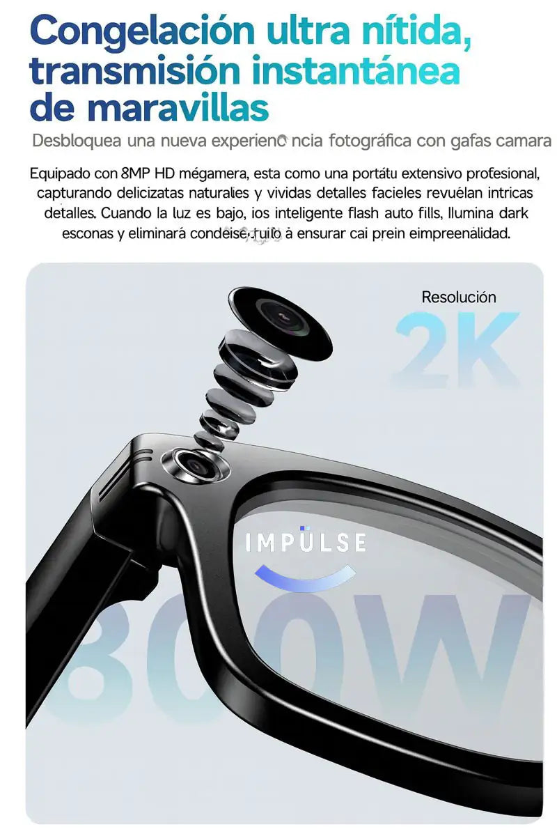 Gafas con cámara 2K y lente de 8MP, diseño negro moderno, ideales para fotografía ultra nítida.