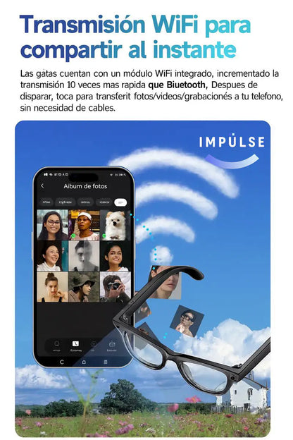 Gafas inteligentes con cámara y WiFi transmitiendo fotos al instante a un celular, fondo al aire libre