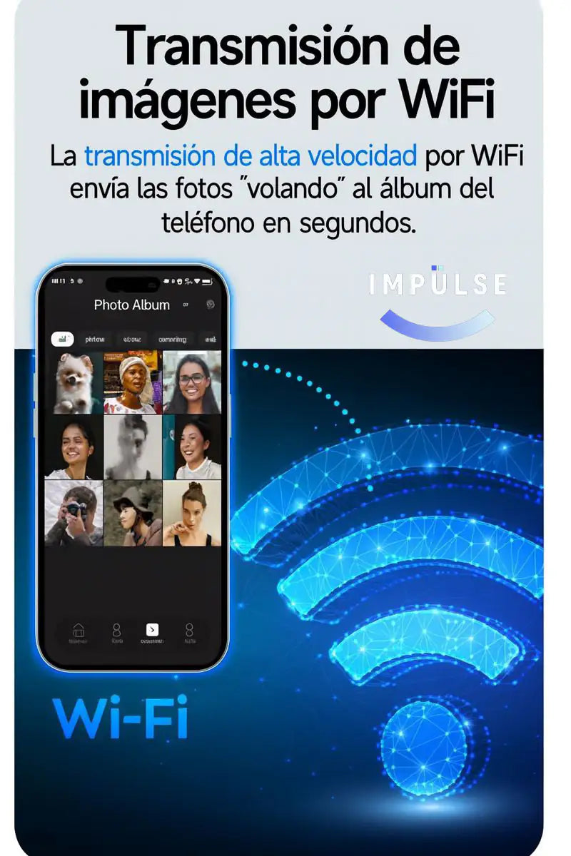 Transmisión rápida de imágenes por WiFi desde móvil, ícono señal WiFi y álbum de fotos digital