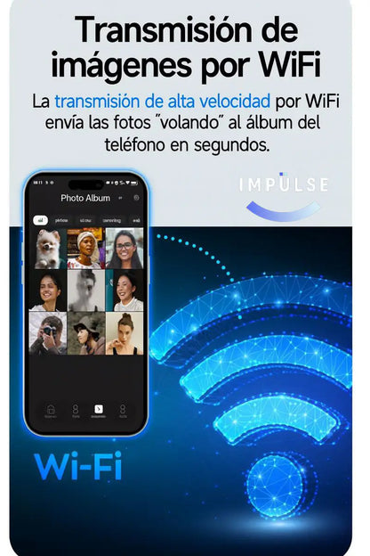 Transmisión rápida de imágenes por WiFi desde móvil, ícono señal WiFi y álbum de fotos digital
